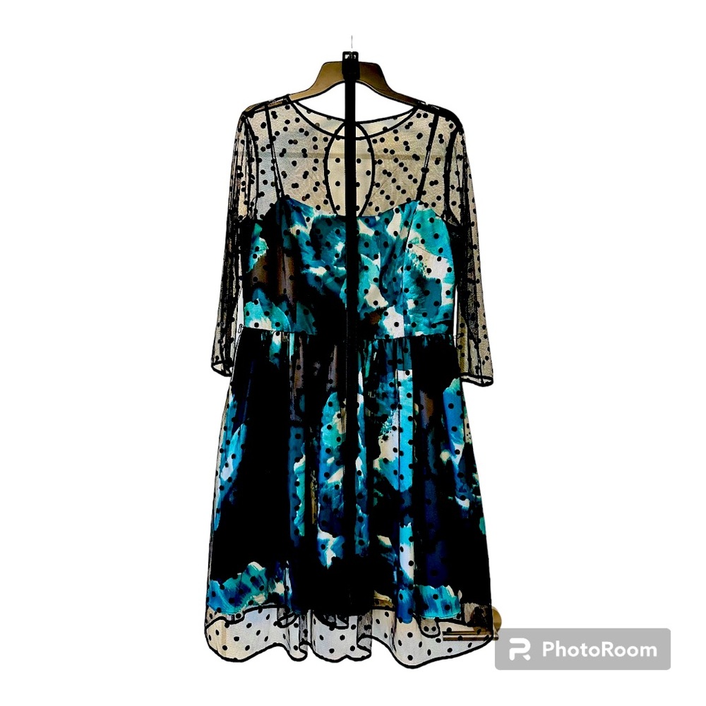 Eliza J Black Mesh Polka Dot Midi Dress with Teal Blue Floral Print